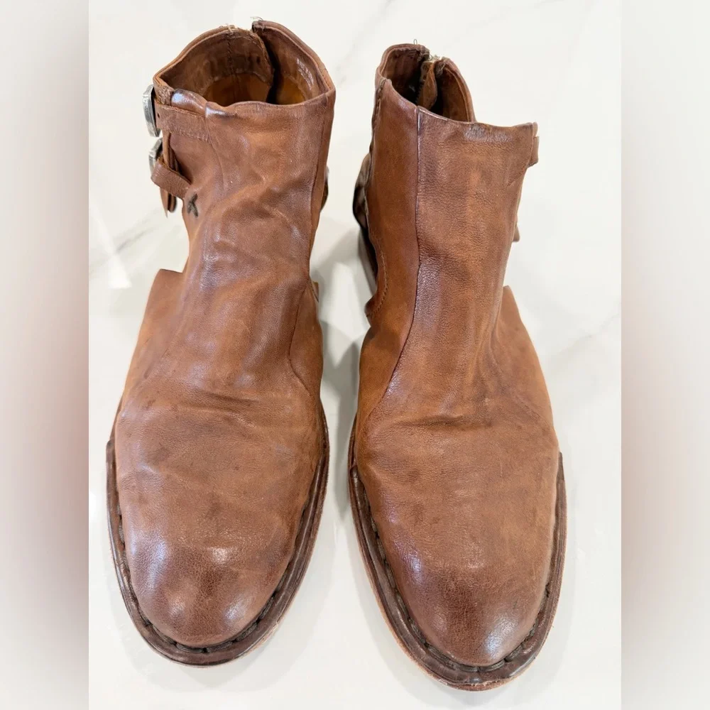 A.S.98 Women Distressed Cognac Leather Western Bootie Buckle Detail - Size 10